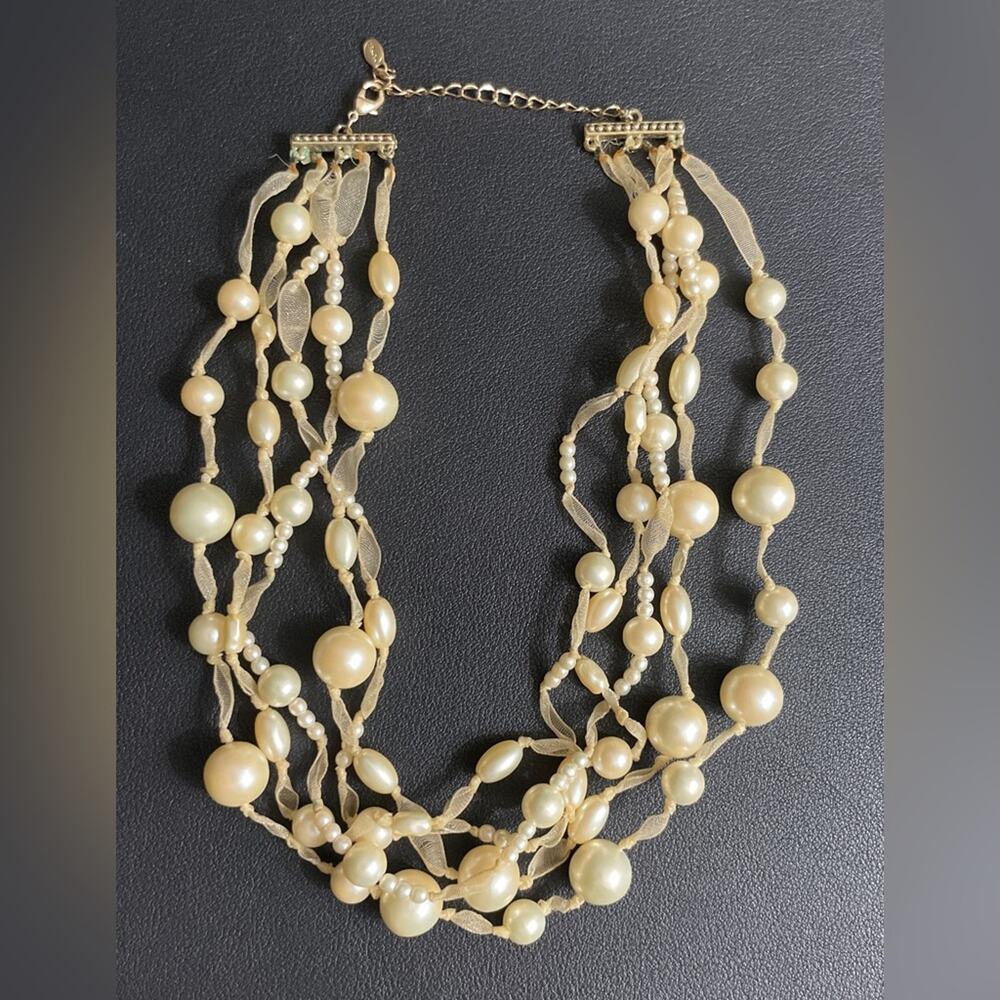 Vintage Monet Multistrand Faux Pearl Bead‎ Necklace w/ Gold Tone Clasp